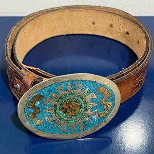 Inlaid Turquoise Blue Silver Buckle Brown Tooled Leather Belt 44 Metal Vintage